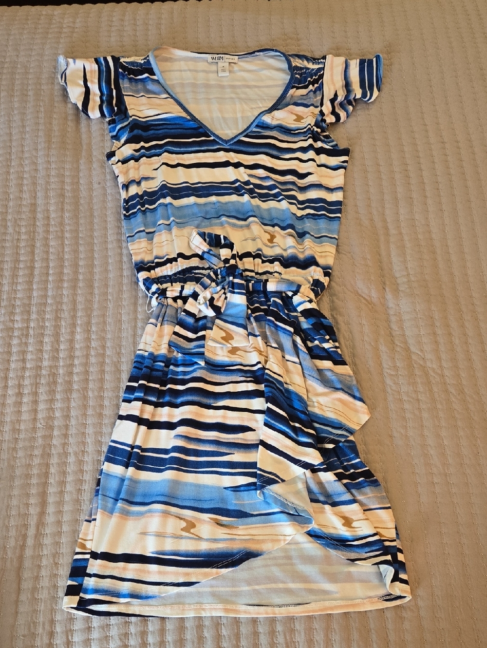 WHBM Blue, White and Tan Striped Tie-Waist Midi Dress